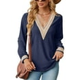thumbnail image 1 of Anbech Deep V Neck Women Blouse Guipure Lace Shirt Solid Color Splice Trendy Long Sleeve Casual Tops, 1 of 8
