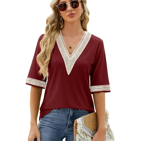 Anbech Deep V Neck Women Blouse Guipure Lace Shirt Solid Color Splice Trendy Short Sleeve Casual Tops
