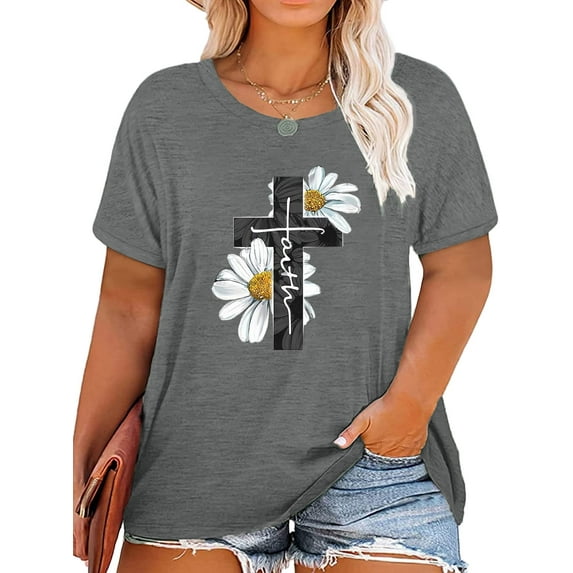 XCHQRTI Faith Shirts for Women Daisy Cross Print Short Sleeve Floral Graphic Plus Size Tops Tee