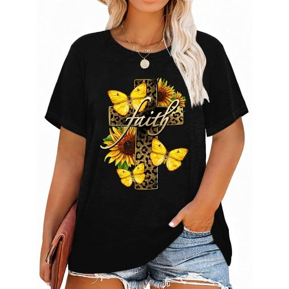 XCHQRTI Faith Shirts for Women Plus Size Graphic Tees Short Sleeve Vintage T Shirts Oversized Religious Ladies Tee Shirts