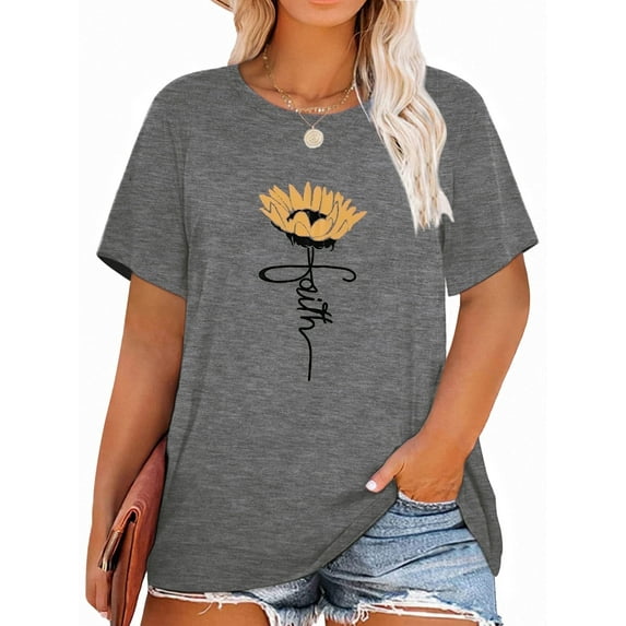 XCHQRTI Faith T Shirt Plus Women Graphic Tees Sunflower Christian Tops Clothes Short Sleeve