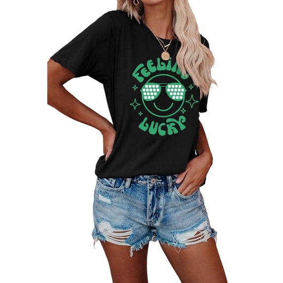 XCHQRTI Feeling Lucky Women Shirt Graphic Short Sleeve Tee St. Patrick's Day Crew Neck Ladies Tops