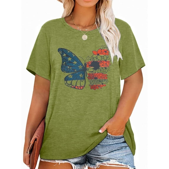 XCHQRTI Flower Butterfly Women Plus Shirt Patriotic Graphic Tshirt USA Flag Shirt Short Sleeve Tee