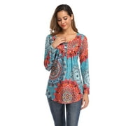 XCHQRTI Flower Hide Belly Blouses for Women Henley Long Sleeve Shirt Summer Basic Flowy Tunic Blouse Tops