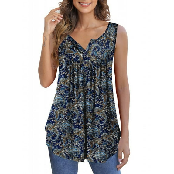 XCHQRTI Flower Hide Belly Blouses for Women Henley Sleeveless Shirt Summer Basic Flowy Tunic Tank Top