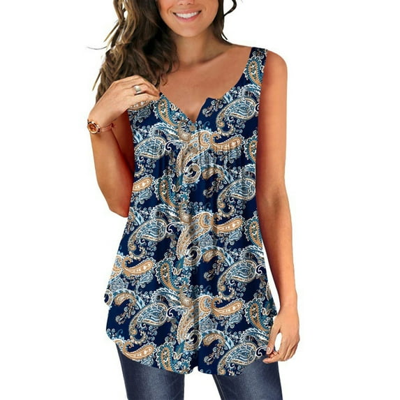 XCHQRTI Flower Hide Belly Blouses for Women Henley Sleeveless Shirt Summer Basic Flowy Tunic Tank Top