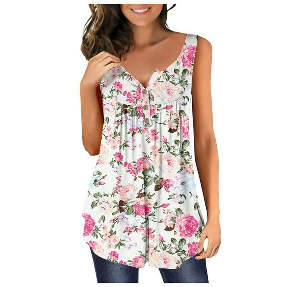 XCHQRTI Flower Hide Belly Blouses for Women Henley Sleeveless Shirt Summer Basic Flowy Tunic Tank Top