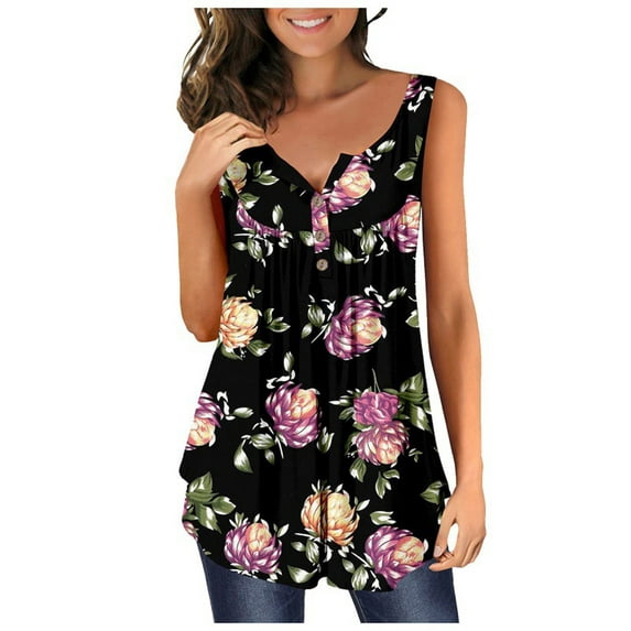 XCHQRTI Flower Hide Belly Blouses for Women Henley Sleeveless Shirt Summer Basic Flowy Tunic Tank Top
