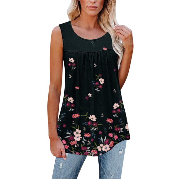 XCHQRTI Women Henley Sleeveless Shirt Flower Printed Hide Belly Blouses Tank Tops