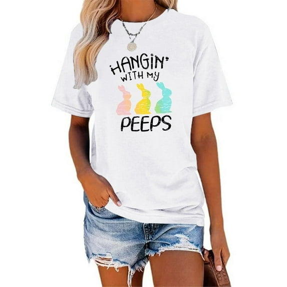 XCHQRTI Happy Easter Shirt for Women Short Sleeve Graphic Rabbit Cute Tshirt Letter Vintage Tee Shirt