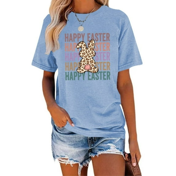 XCHQRTI Happy Easter Shirt for Women Short Sleeve Graphic Rabbit Cute Tshirt Letter Vintage Tee Shirt