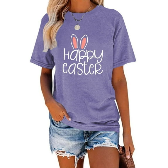 XCHQRTI Happy Easter Shirt for Women Short Sleeve Graphic Rabbit Cute Tshirt Letter Vintage Tee Shirt