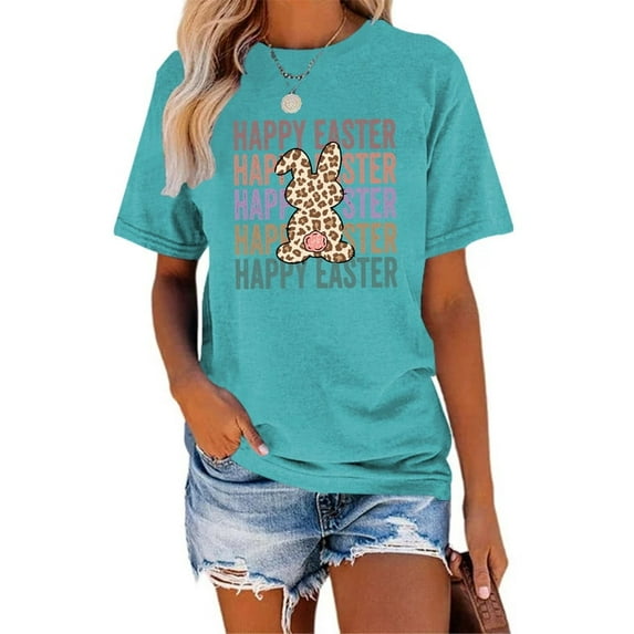 XCHQRTI Happy Easter Shirt for Women Short Sleeve Graphic Rabbit Cute Tshirt Letter Vintage Tee Shirt