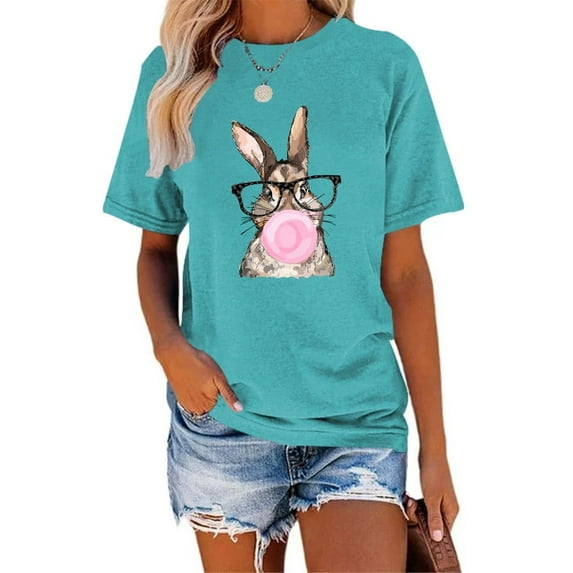 XCHQRTI Happy Easter Shirt for Women Short Sleeve Graphic Rabbit Cute Tshirt Letter Vintage Tee Shirt