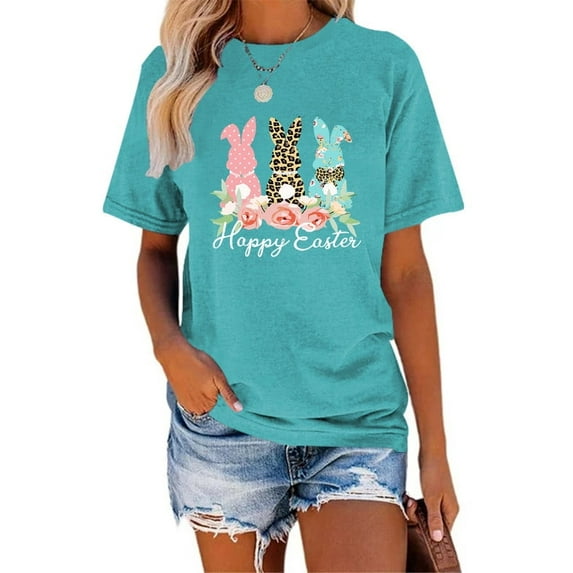 XCHQRTI Happy Easter Shirt for Women Short Sleeve Graphic Rabbit Cute Tshirt Letter Vintage Tee Shirt