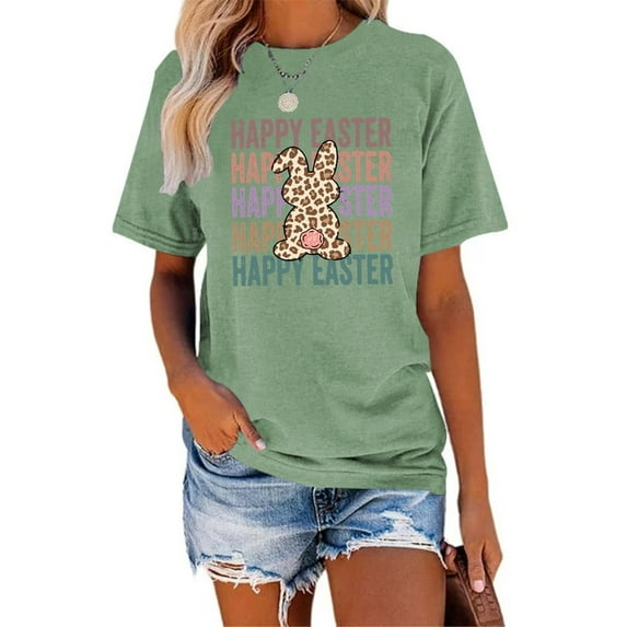 XCHQRTI Happy Easter Shirt for Women Short Sleeve Graphic Rabbit Cute Tshirt Letter Vintage Tee Shirt