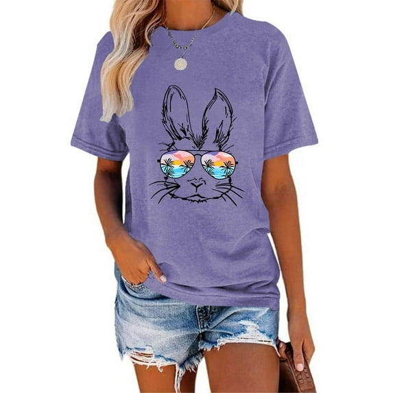 XCHQRTI Happy Easter Shirt for Women Short Sleeve Graphic Rabbit Cute Tshirt Letter Vintage Tee Shirt