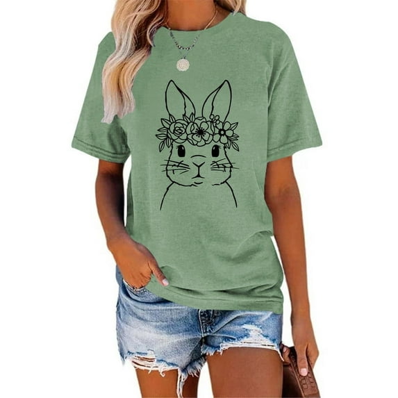 XCHQRTI Happy Easter Shirt for Women Short Sleeve Graphic Rabbit Cute Tshirt Letter Vintage Tee Shirt