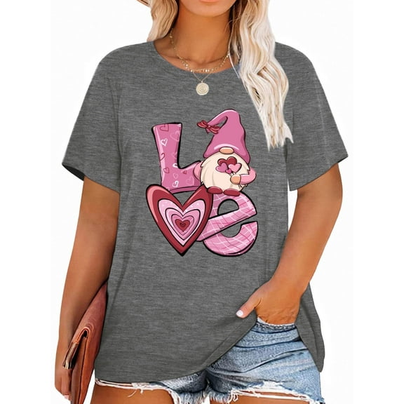 XCHQRTI Heart LOVE Shirt for Women Plus Size Graphic Tee Short Sleeve Casual Shirt