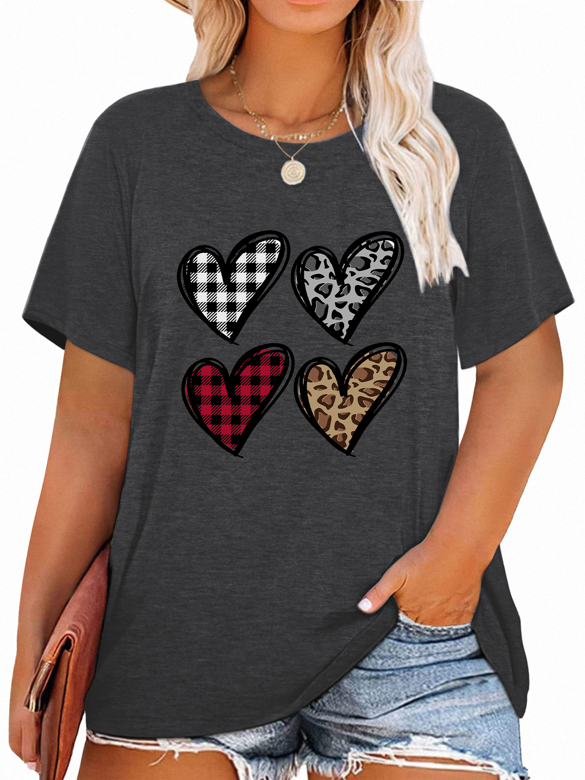 Ladies Oversized Printed Heart Short Sleeves T Shirt Top