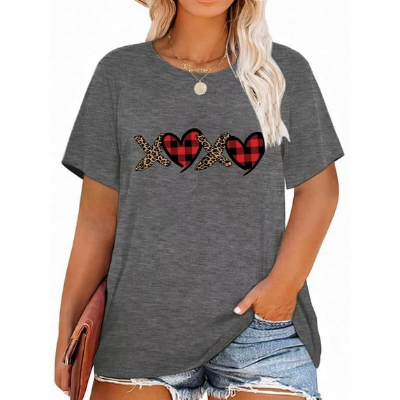 XCHQRTI Cute Love Women Plus Tshirt Graphic Short Sleeve Shirt Valentine's Day Tees