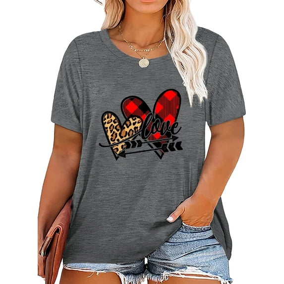 XCHQRTI Cute Love Women Plus Tshirt Graphic Short Sleeve Shirt Valentine's Day Tees