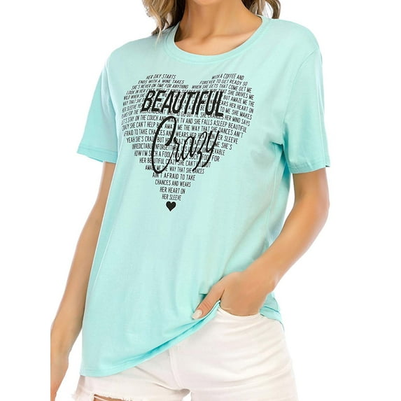 XCHQRTI Heart Tshirt for Women Graphic Tee Tops Beautiful Crazy Love Letter Printed Casual Short Sleeve Concert Shirts