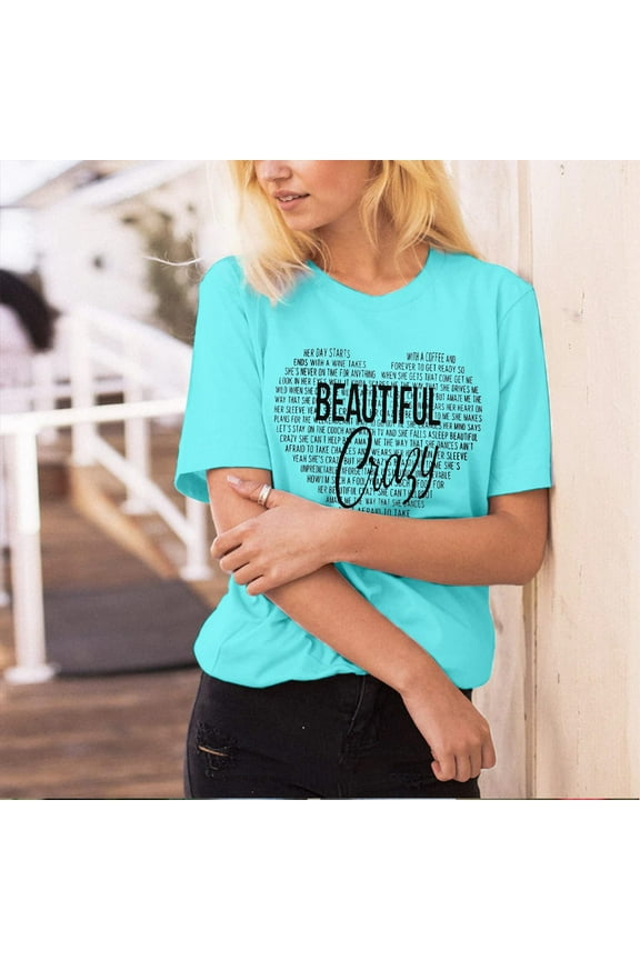 Heart Tshirt for Women Graphic Tee Tops Beautiful Crazy Love Letter Printed Casual Short Sleeve Concert Shirts