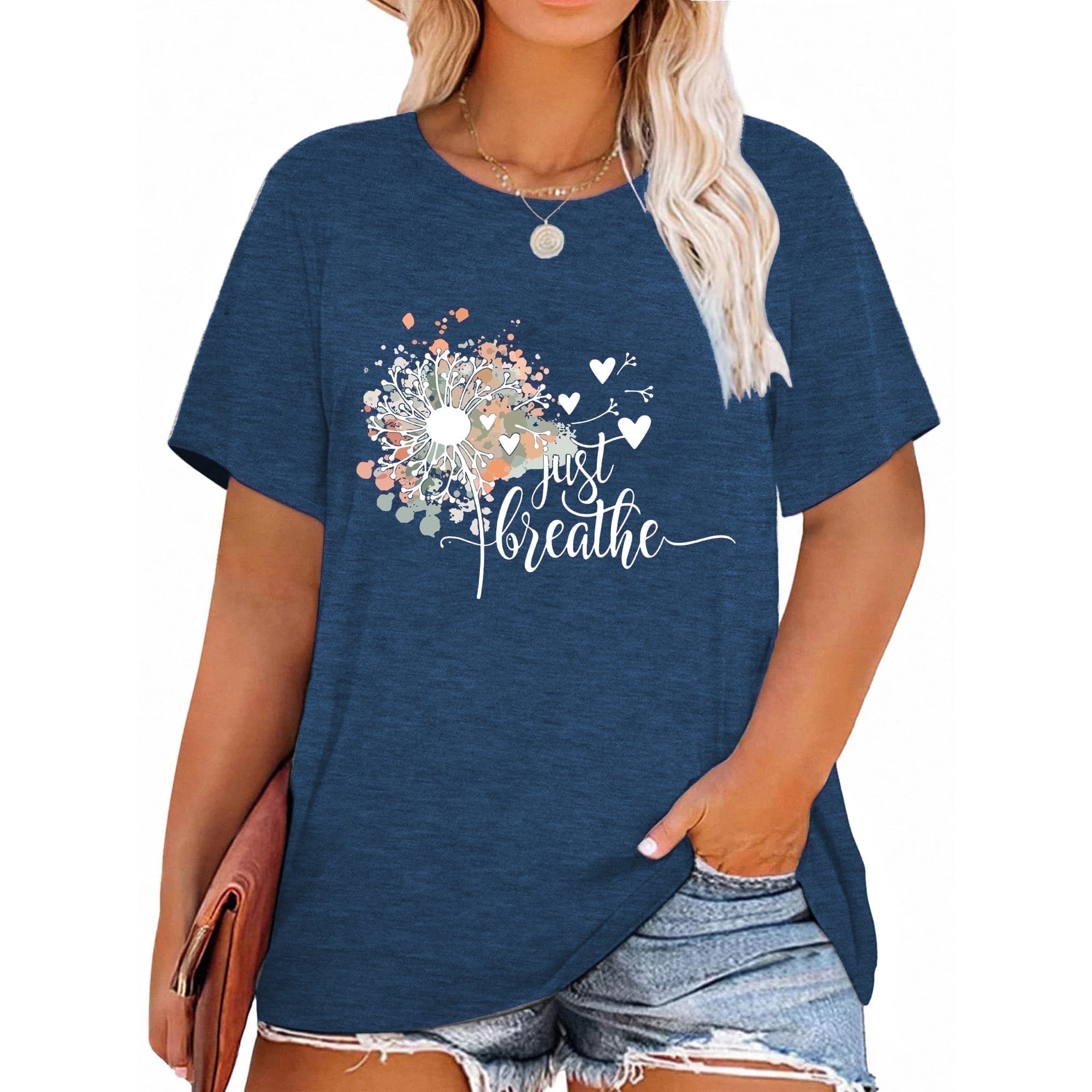 Anbech Women's Just Breathe Graphic T-Shirt - Dandelion Print, Loose Fit, Green, Size XL