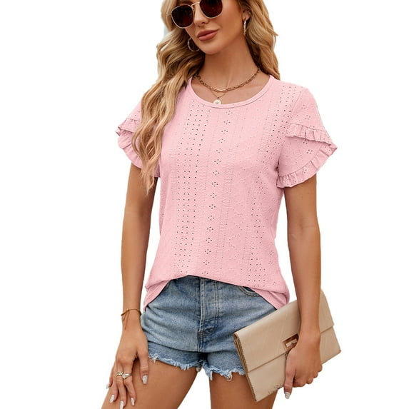 XCHQRTI Lace Flower Vneck Women Shirt Petal Sleeve Flower Blouses Casual Trendy Tshirt