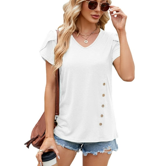 XCHQRTI Lace Flower Vneck Women Shirt Petal Sleeve Flower Blouses Casual Trendy Tshirt