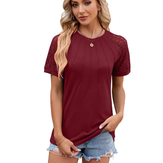 XCHQRTI Lace Sleeve Trendy Tshirt for Women Summer Casual Short Sleeve Dressy T-Shirts