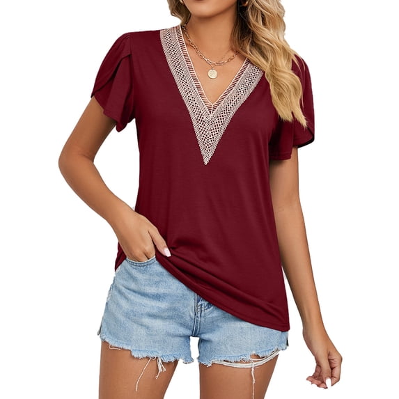 XCHQRTI Lace Stitching Chiffon Women Shirt V Neck Short Sleeve Tunic Blouse