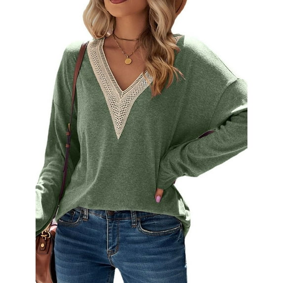 XCHQRTI Lace Stitching Women Shirt V Neck Lace Chiffon Blouse Long Sleeve Loose Pullover Top