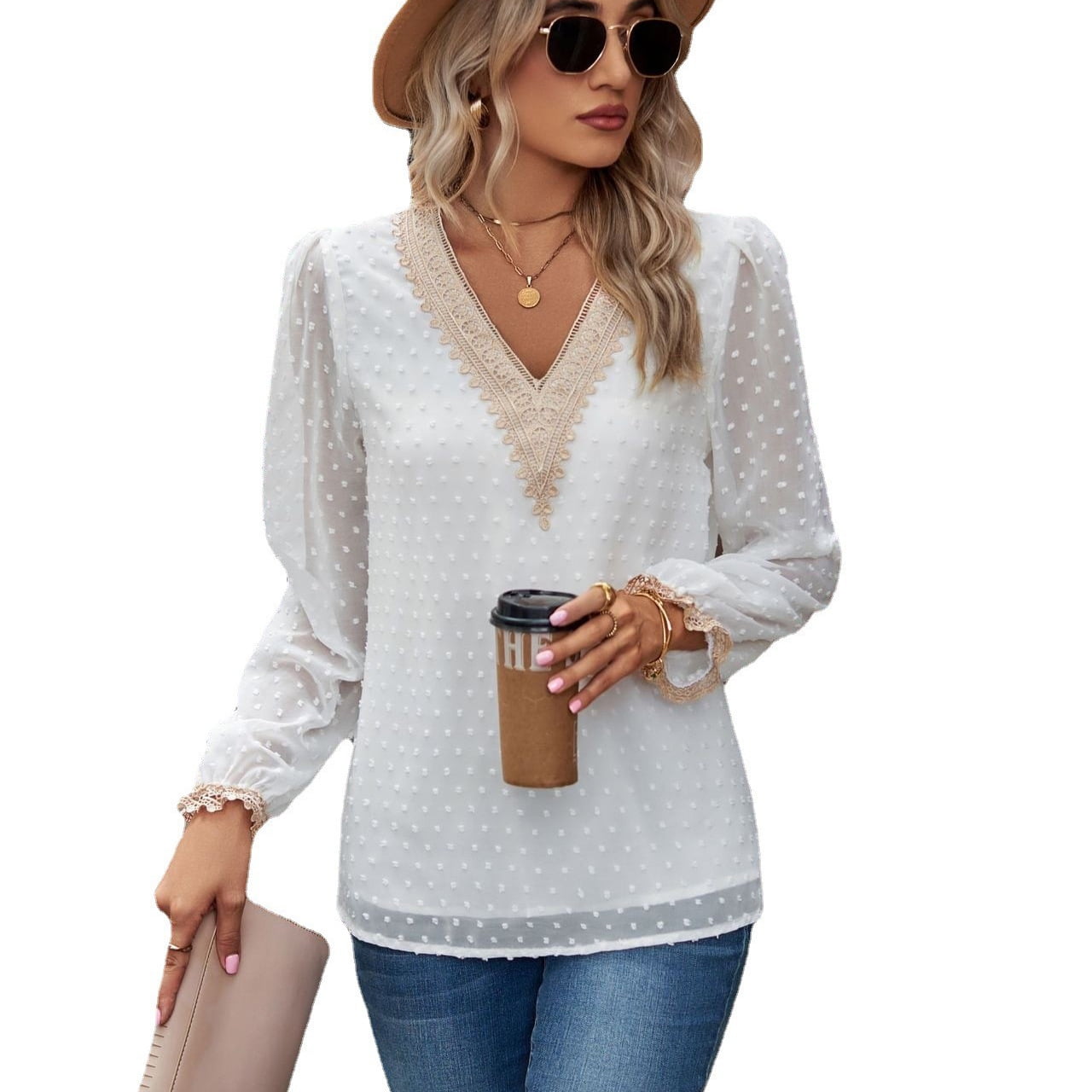Ladies Lace V Neck Stitching Ruffle Blouse main image 1