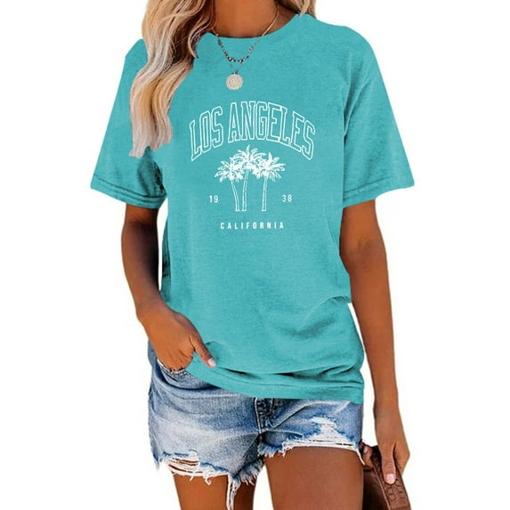 XCHQRTI Los Angeles Women Tshirts California Graphic Short Sleeve Summer Casual Shirt