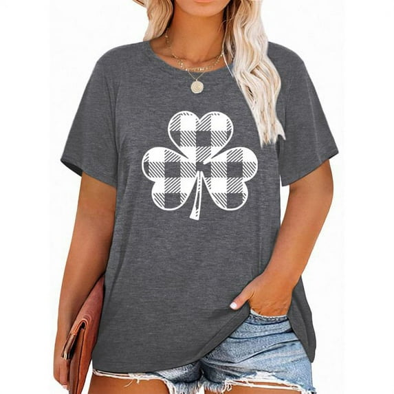 XCHQRTI Lucky Leaf Clover Women Shirt Plus Size T-Shirt St. Patrick's Day Graphic Top Oversized O Neck Tee