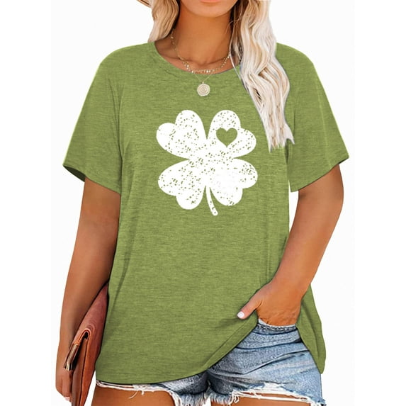 XCHQRTI Lucky Leaf Clover Women Shirt Plus Size T-Shirt St. Patrick's Day Graphic Top Oversized O Neck Tee