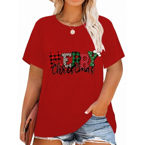 Anbech Merry Christmas Plus Size Shirts for Women Oversized T-Shirt Graphic Chrsitmas Tees Short Sleeve