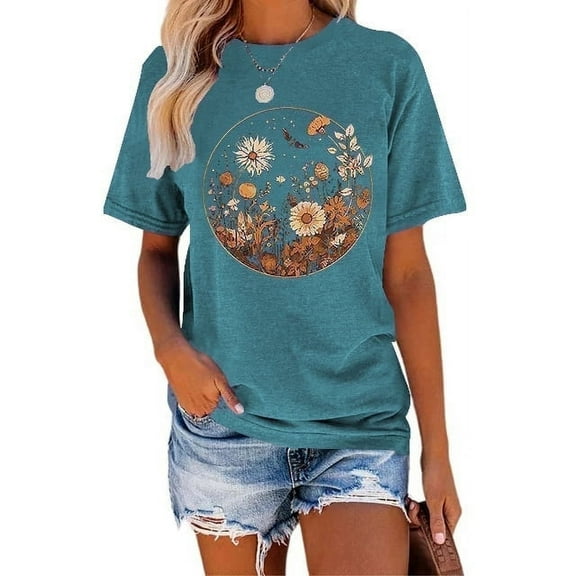 XCHQRTI Mountain Heartbeat Tshirt Flower Graphic Tees Women Ladies Tee Shirts Short Sleeve