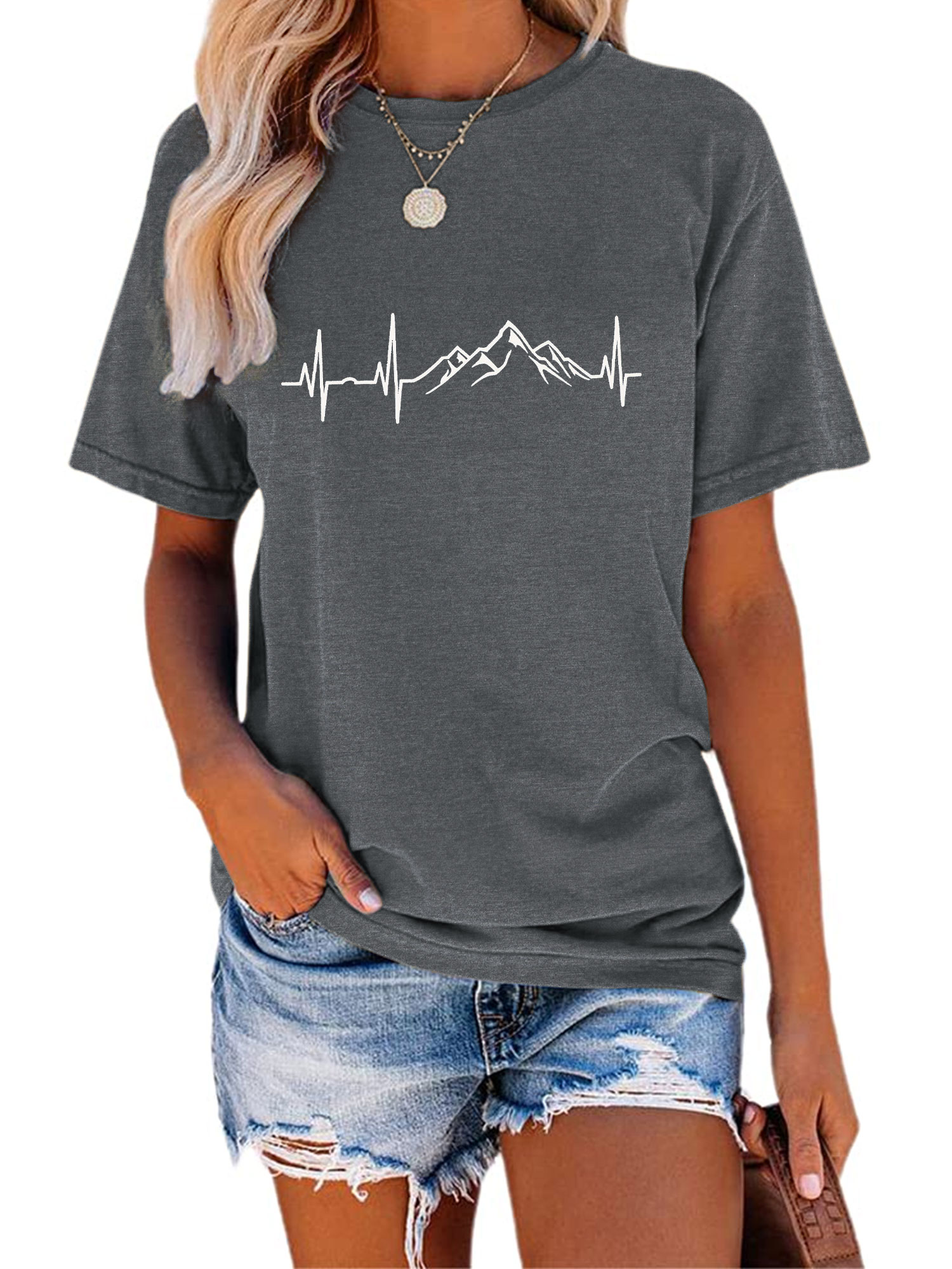 XCHQRTI Mountain Heartbeat Tshirt Graphic Tees Women Ladies Tee Shirts  Short Sleeve