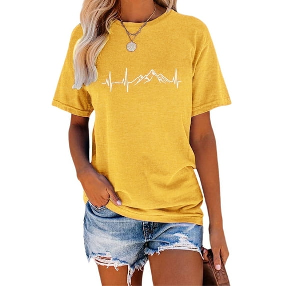 XCHQRTI Mountain Heartbeat Tshirt Graphic Tees Women Ladies Tee Shirts Short Sleeve