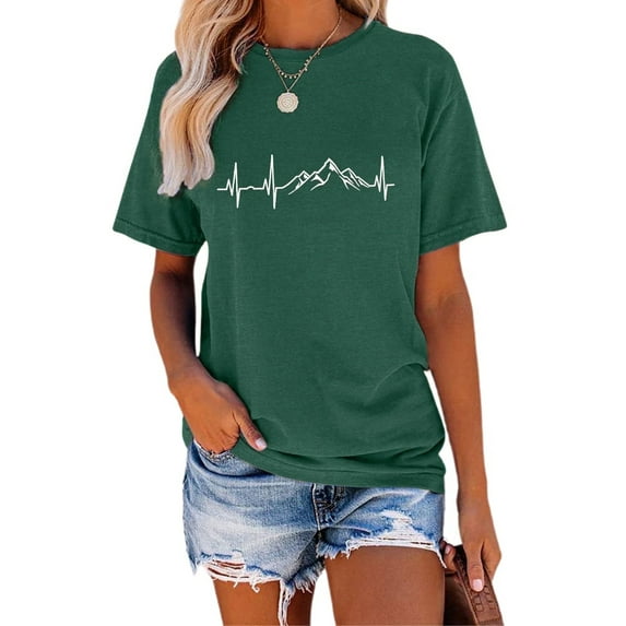 XCHQRTI Mountain Heartbeat Tshirt Graphic Tees Women Ladies Tee Shirts Short Sleeve