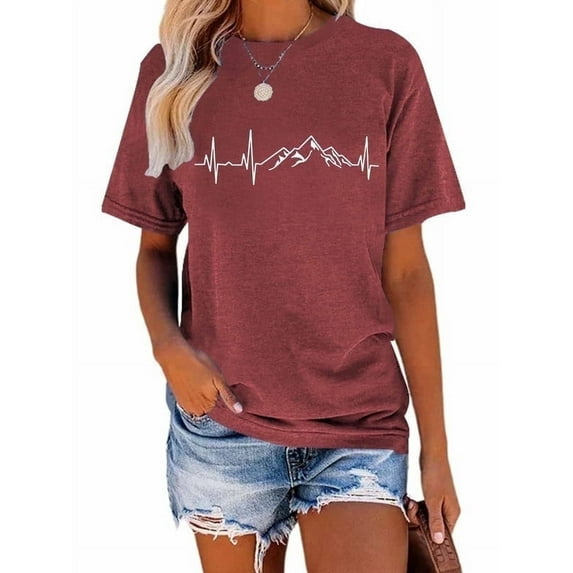 XCHQRTI Mountain Heartbeat Tshirt Graphic Tees Women Ladies Tee Shirts Short Sleeve
