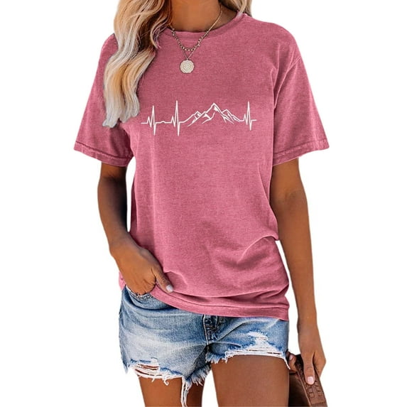 XCHQRTI Mountain Heartbeat Tshirt Graphic Tees Women Ladies Tee Shirts Short Sleeve