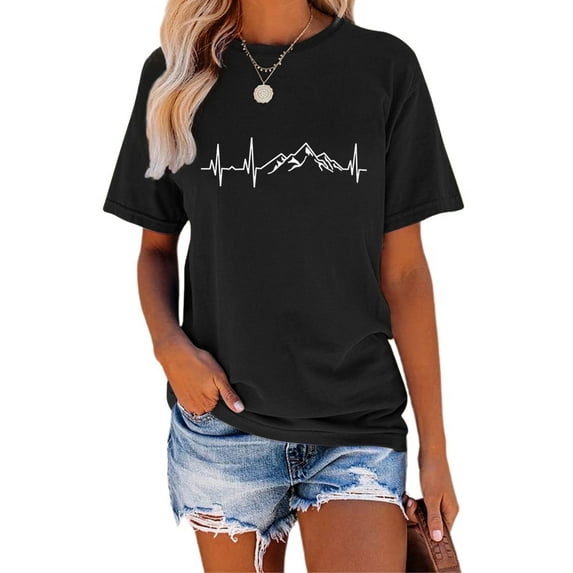 XCHQRTI Mountain Heartbeat Tshirt Graphic Tees Women Ladies Tee Shirts Short Sleeve