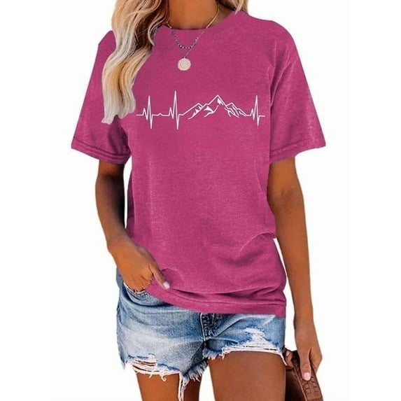 XCHQRTI Mountain Heartbeat Tshirt Graphic Tees Women Ladies Tee Shirts Short Sleeve