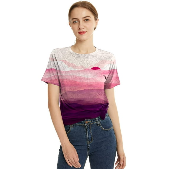 XCHQRTI Mountain Sunrise T Shirt Sunset Short Sleeve Women Graphic Tee Summer Hiking Tops