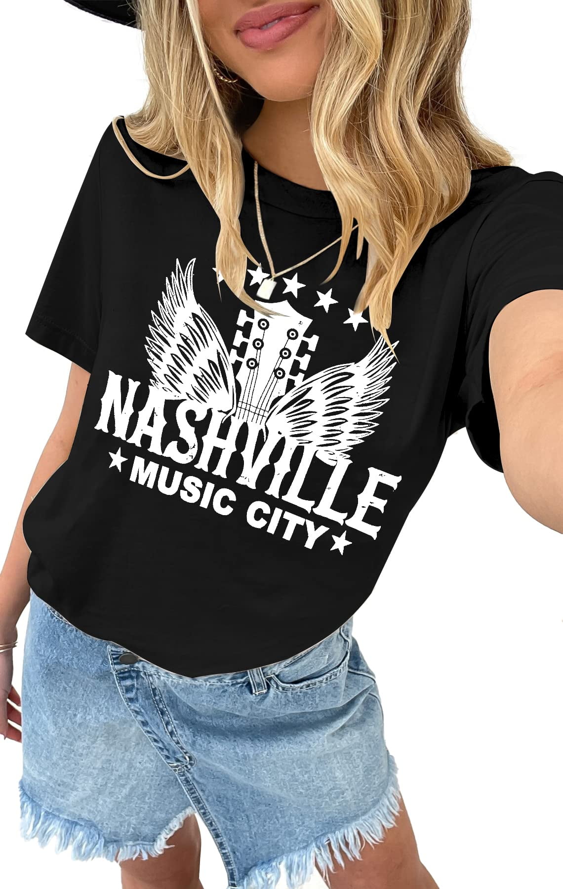 Vintage Country Music T-Shirt Tops Women Casual Rock Band Tshirt Distressed  Guitar Wings Graphic Shirt Tops 