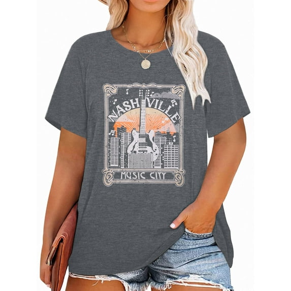 XCHQRTI Nashville Shirt Womens Oversized Nashville Music Plus Size Shirt Tennessee Country Graphic Short Sleeve Tshirt